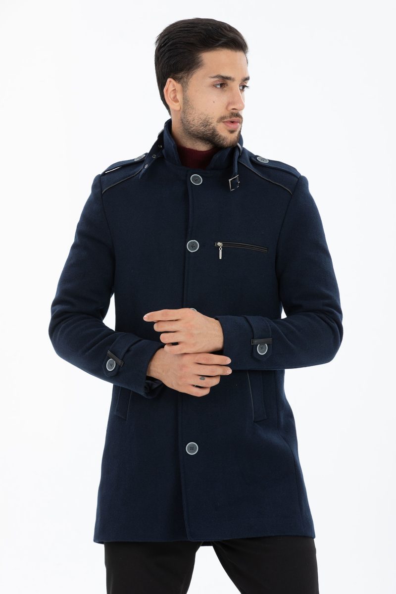 Płaszcz ze Stójką, Jednorzędowy, Ciemnogranatowy