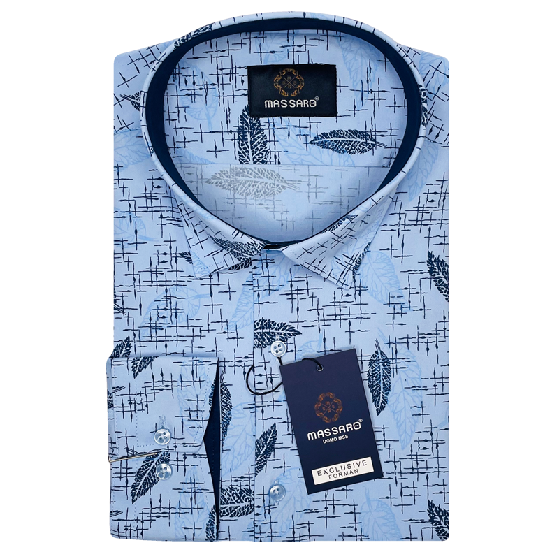 Błękitna Koszula Regular Fit z Roślinnym Wzorem